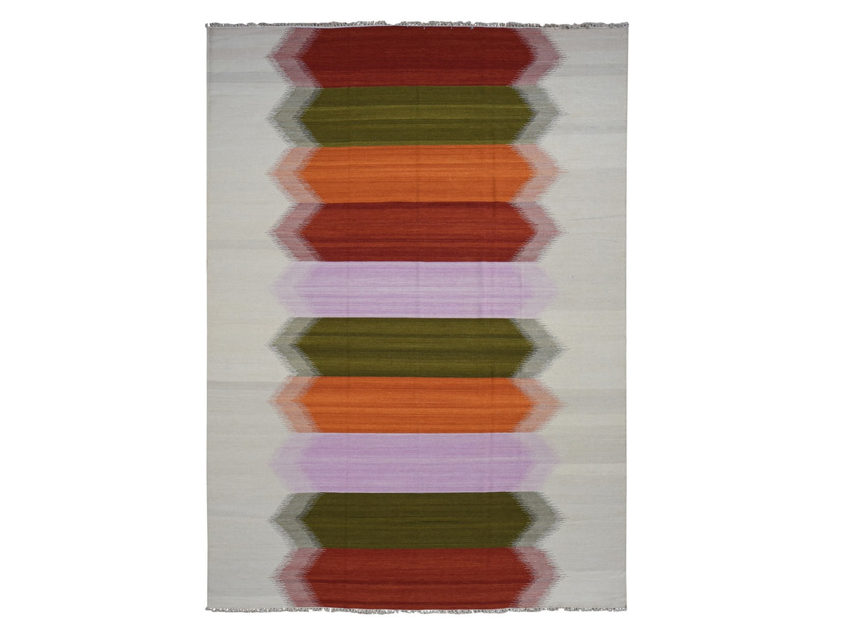 Kilim Flat-Weave hand-knotted wool rug in Ivory, 9' x 12'7" — SKU O087879