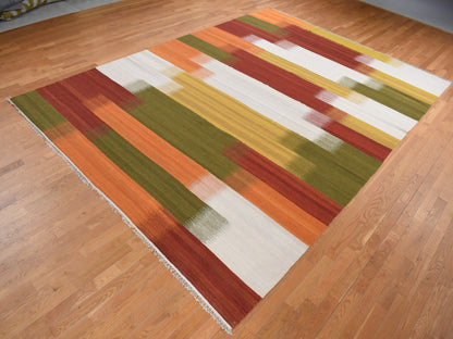 Kilim Flat-Weave hand-knotted wool rug in Ivory, 10' x 14'3" — SKU O087880 (view 3)