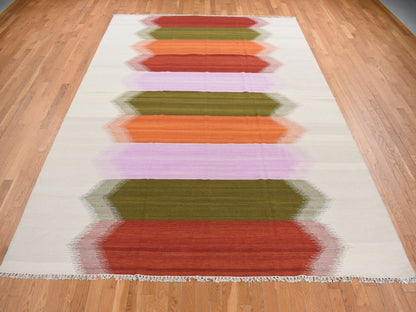Kilim Flat-Weave hand-knotted wool rug in Ivory, 10' x 14'8" — SKU O087891 (view 2)
