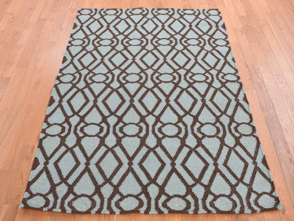 Kilim Flat-Weave hand-knotted wool rug in Green, 4'3" x 5'10" — SKU O087901 (view 2)