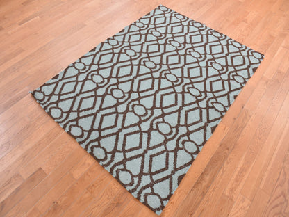 Green 4'3" x 5'10" Flatweave / Kilim Hand woven Wool Rug - Sku: O087901