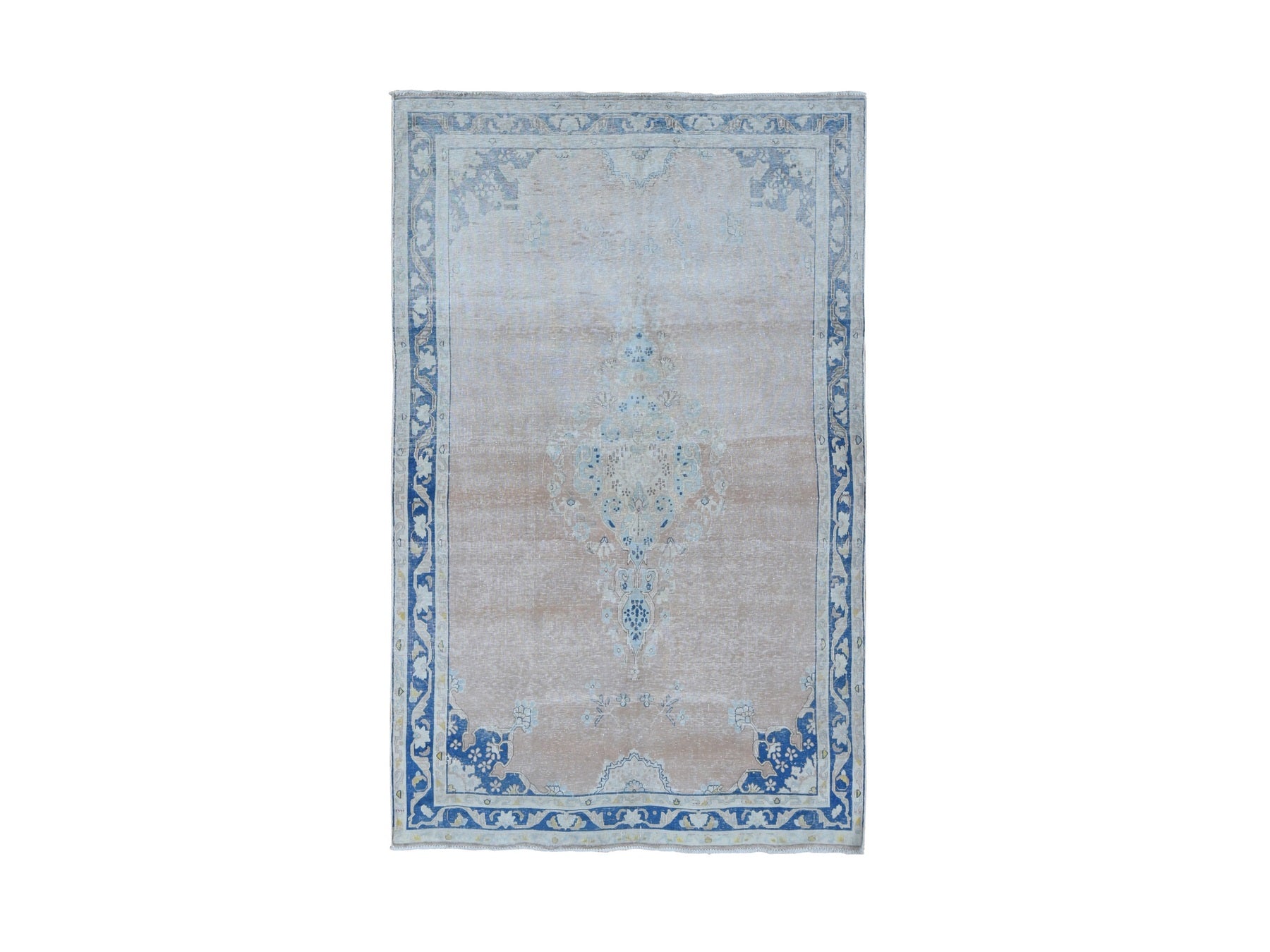 Kerman Vintage hand-knotted worn wool rug in Pink & Blue, 4'7" x 6'7" — SKU O087930