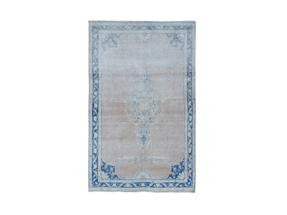 Kerman Vintage hand-knotted worn wool rug in Pink & Blue, 4'7" x 6'7" — SKU O087930