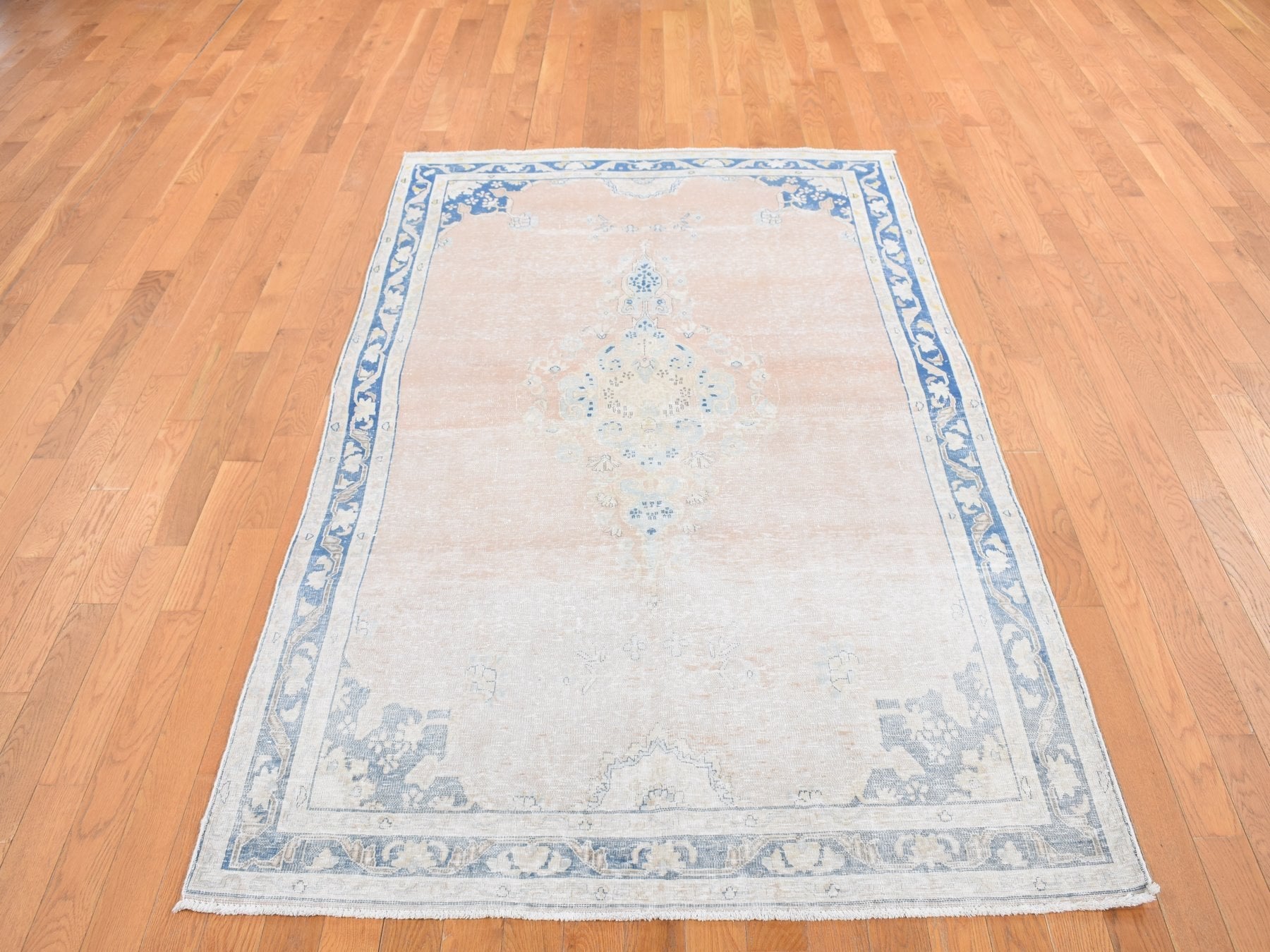 Kerman Vintage hand-knotted worn wool rug in Pink & Blue, 4'7" x 6'7" — SKU O087930 (view 2)
