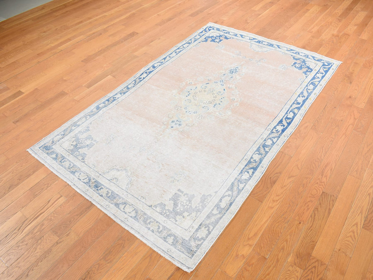 Kerman Vintage hand-knotted worn wool rug in Pink & Blue, 4'7" x 6'7" — SKU O087930 (view 3)