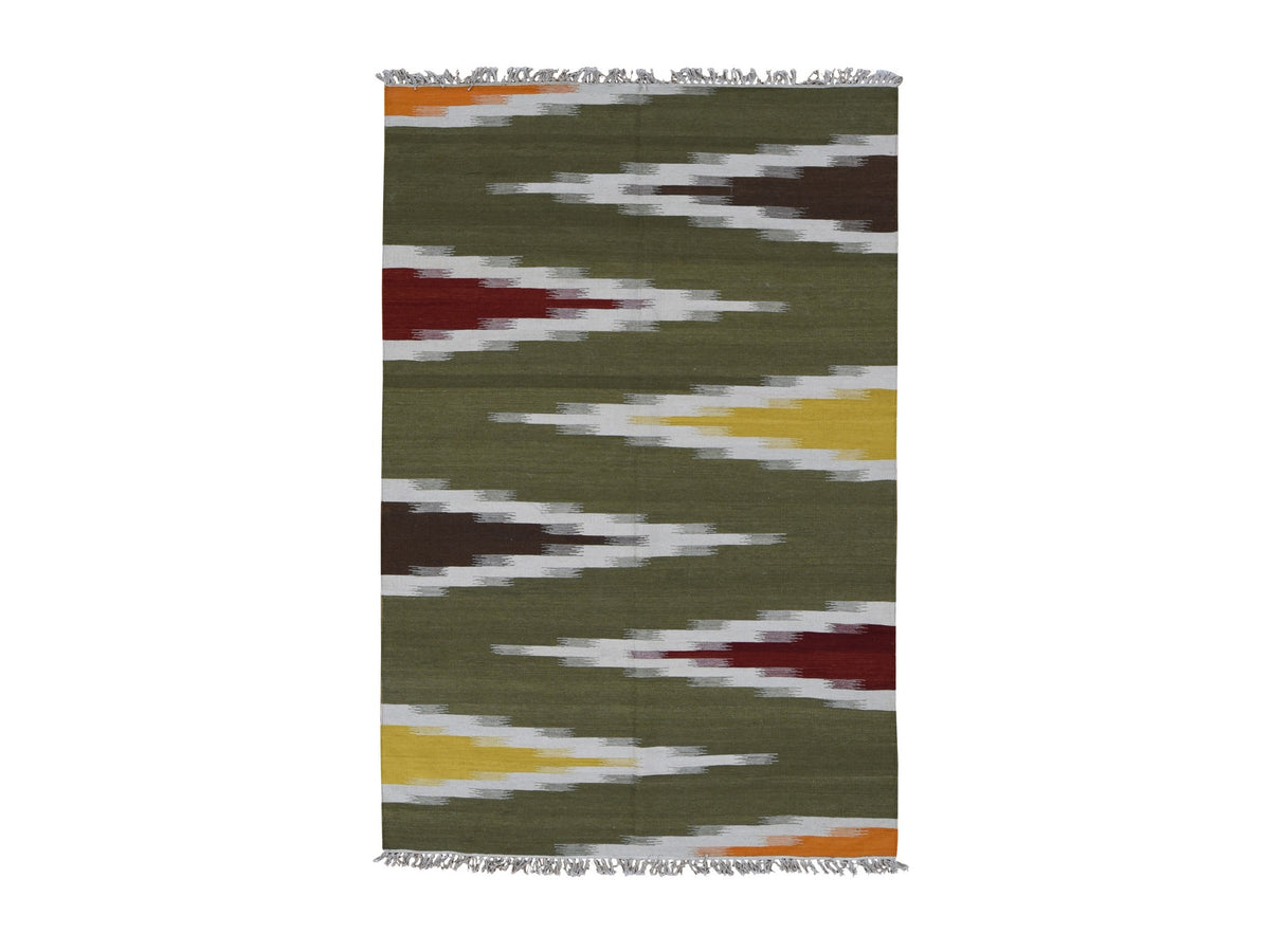 Kilim Flat-Weave hand-knotted wool rug in Green, 5'1" x 8'1" — SKU O087931