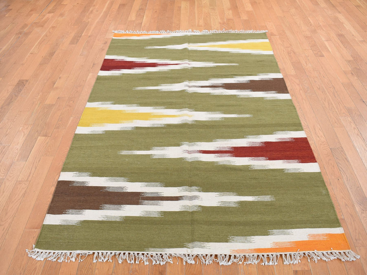 Kilim Flat-Weave hand-knotted wool rug in Green, 5'1" x 8'1" — SKU O087931 (view 2)