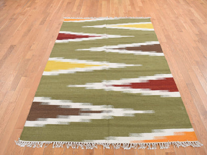 Green 5'1" x 8'1" Flatweave / Kilim Hand woven Wool Rug - Sku: O087931