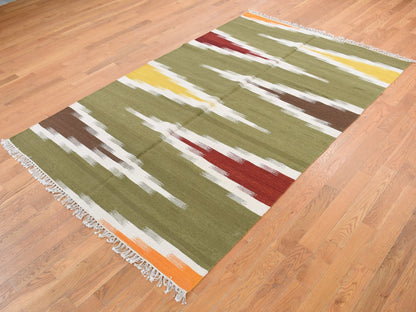 Kilim Flat-Weave hand-knotted wool rug in Green, 5'1" x 8'1" — SKU O087931 (view 3)
