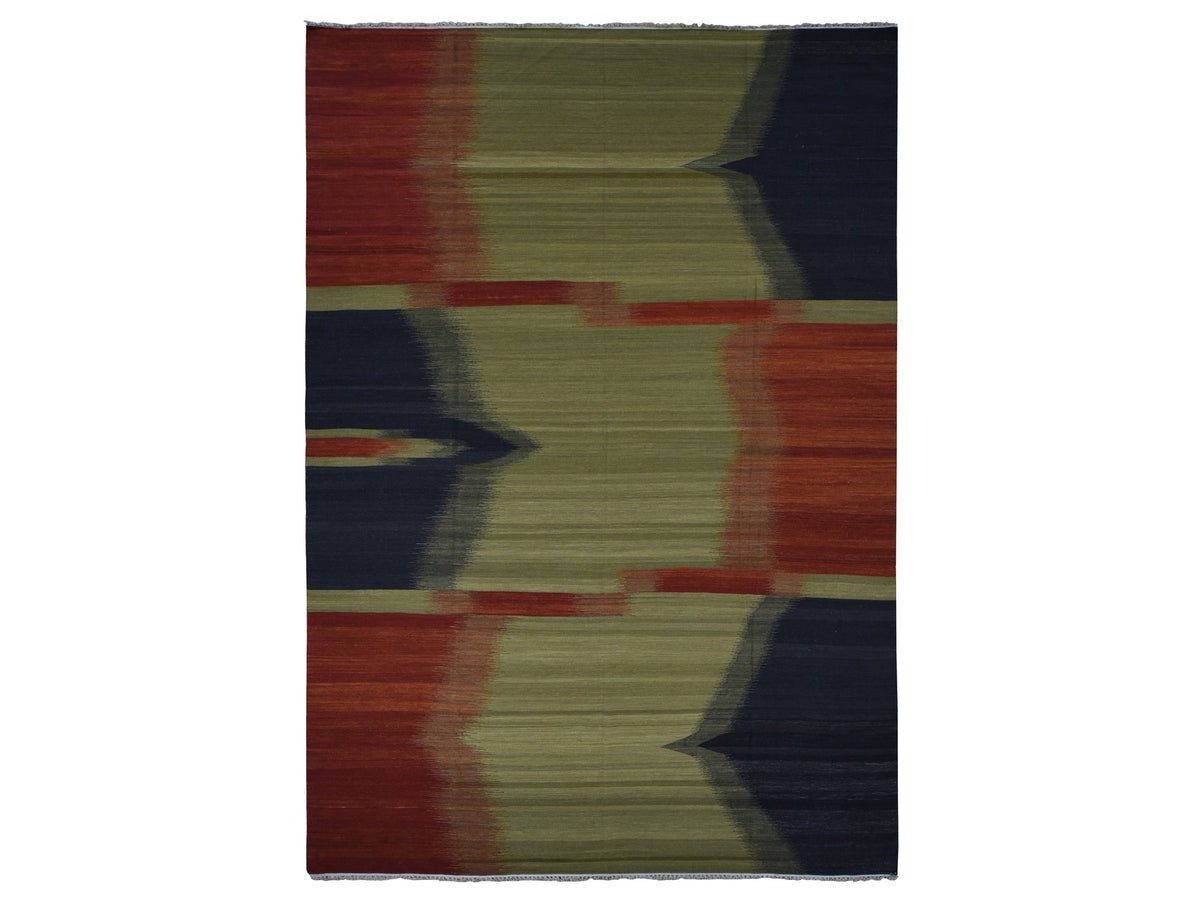 Kilim Flat-Weave hand-knotted wool rug in Green, 10' x 14'6" — SKU O087936