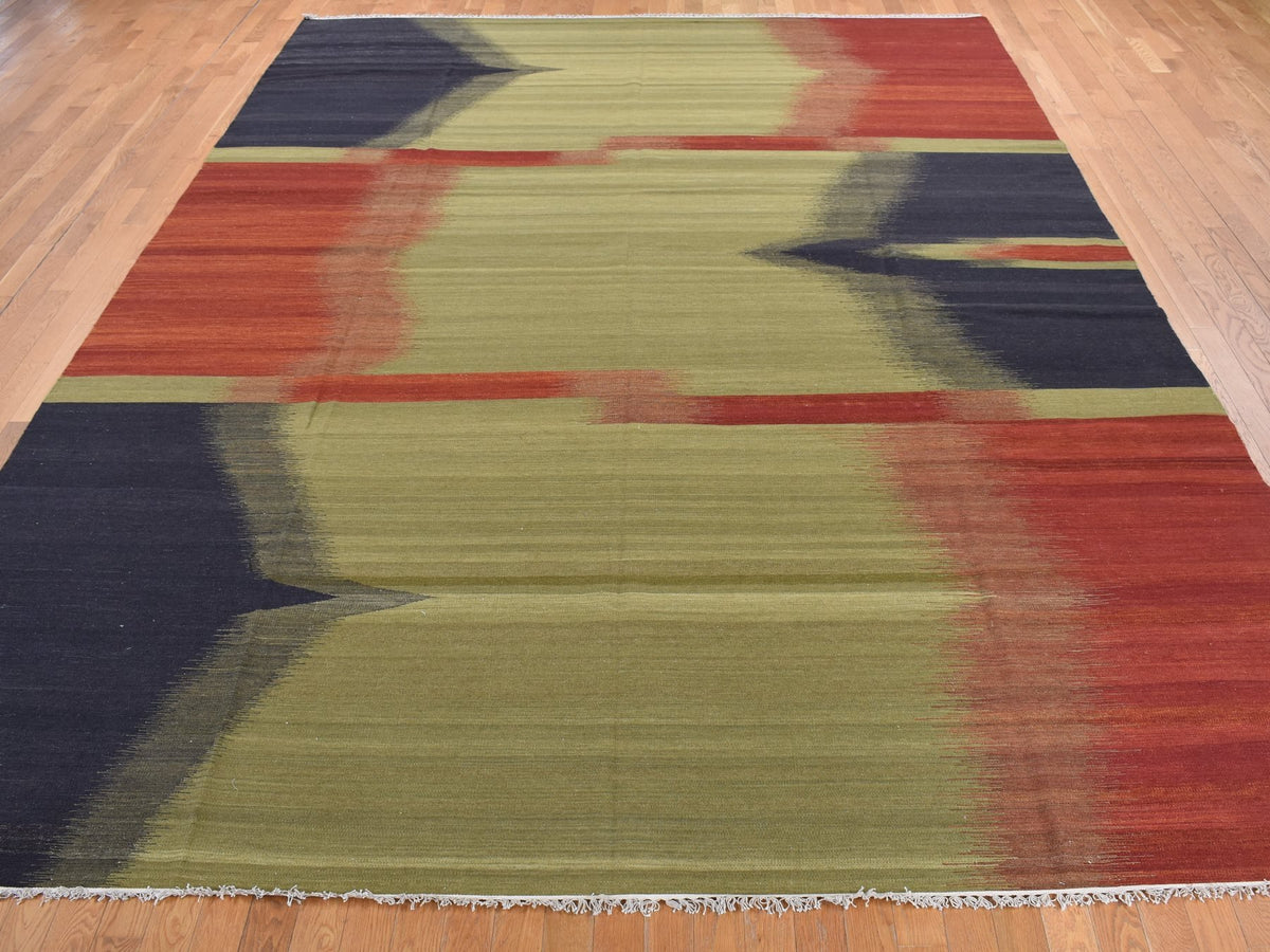 Kilim Flat-Weave hand-knotted wool rug in Green, 10' x 14'6" — SKU O087936 (view 2)