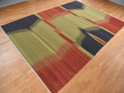Green 10'0" x 14'6" Flatweave / Kilim Hand woven Wool Rug - Sku: O087936