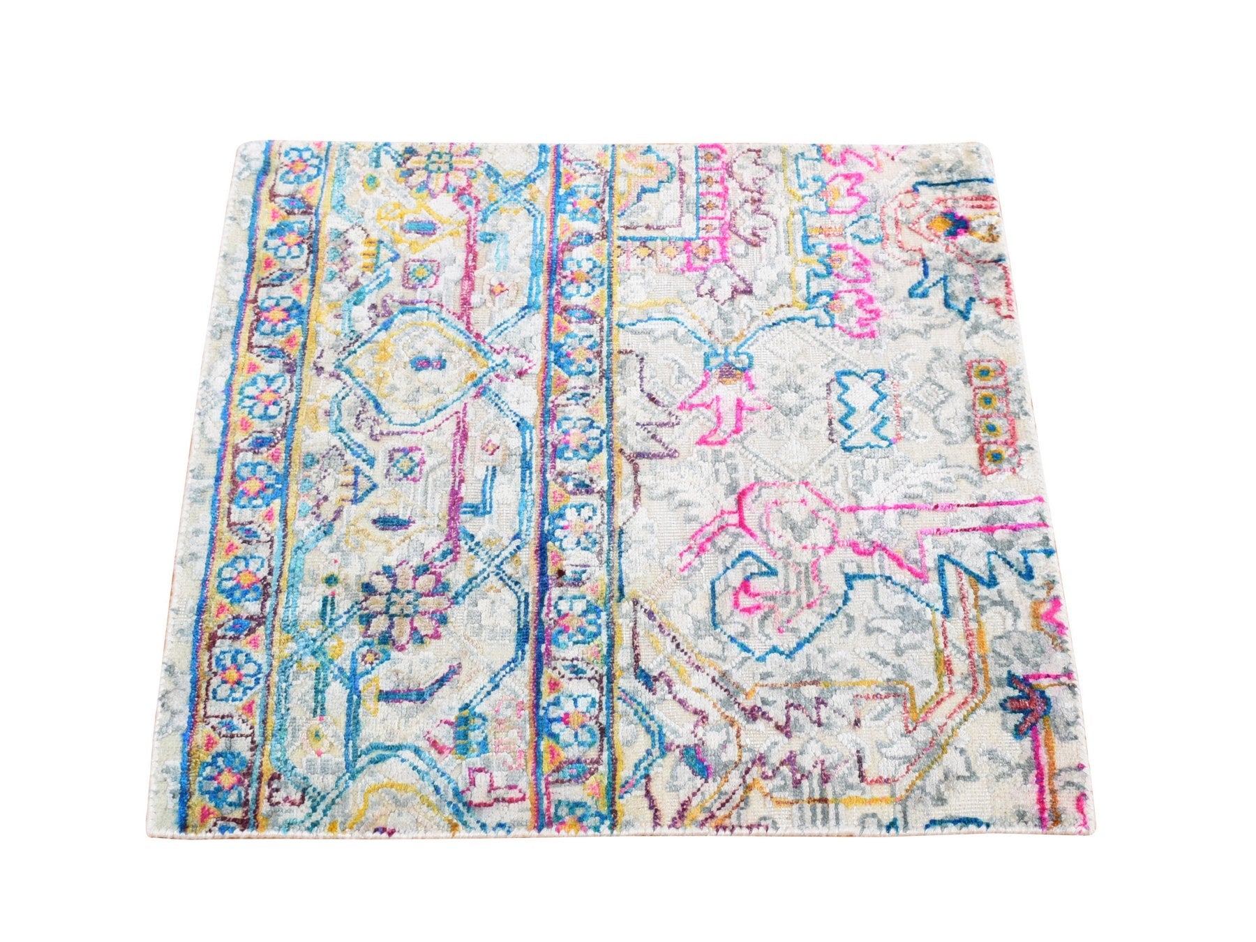 Modern / Contemporary hand-knotted wool/silk rug in Ivory, 2' x 2' — SKU O087991