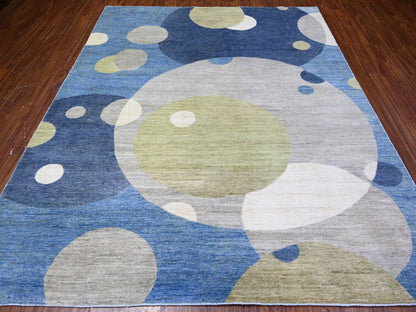 Blue 8'2" x 9'7" Modern and Contemporary Hand knotted Wool Rug - Sku: O088009
