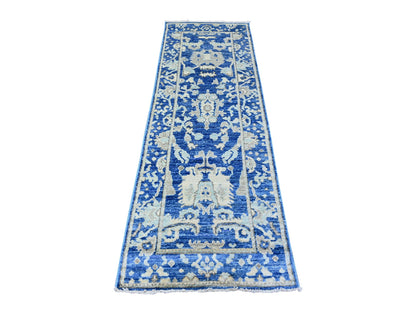 Blue 2'7" x 7'10" Oushak And Peshawar Hand knotted Wool Rug - Sku: O088147