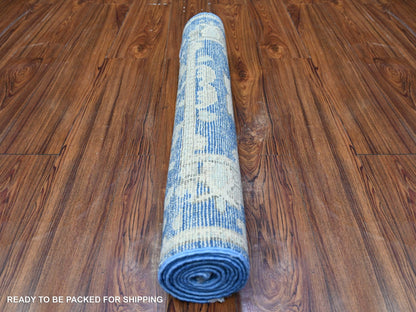 Blue 2'7" x 7'10" Oushak And Peshawar Hand knotted Wool Rug - Sku: O088147