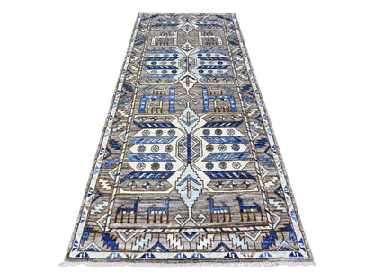 Tribal & Geometric hand-knotted wool runner in Gray, 4'1" x 9'10" — SKU O088240