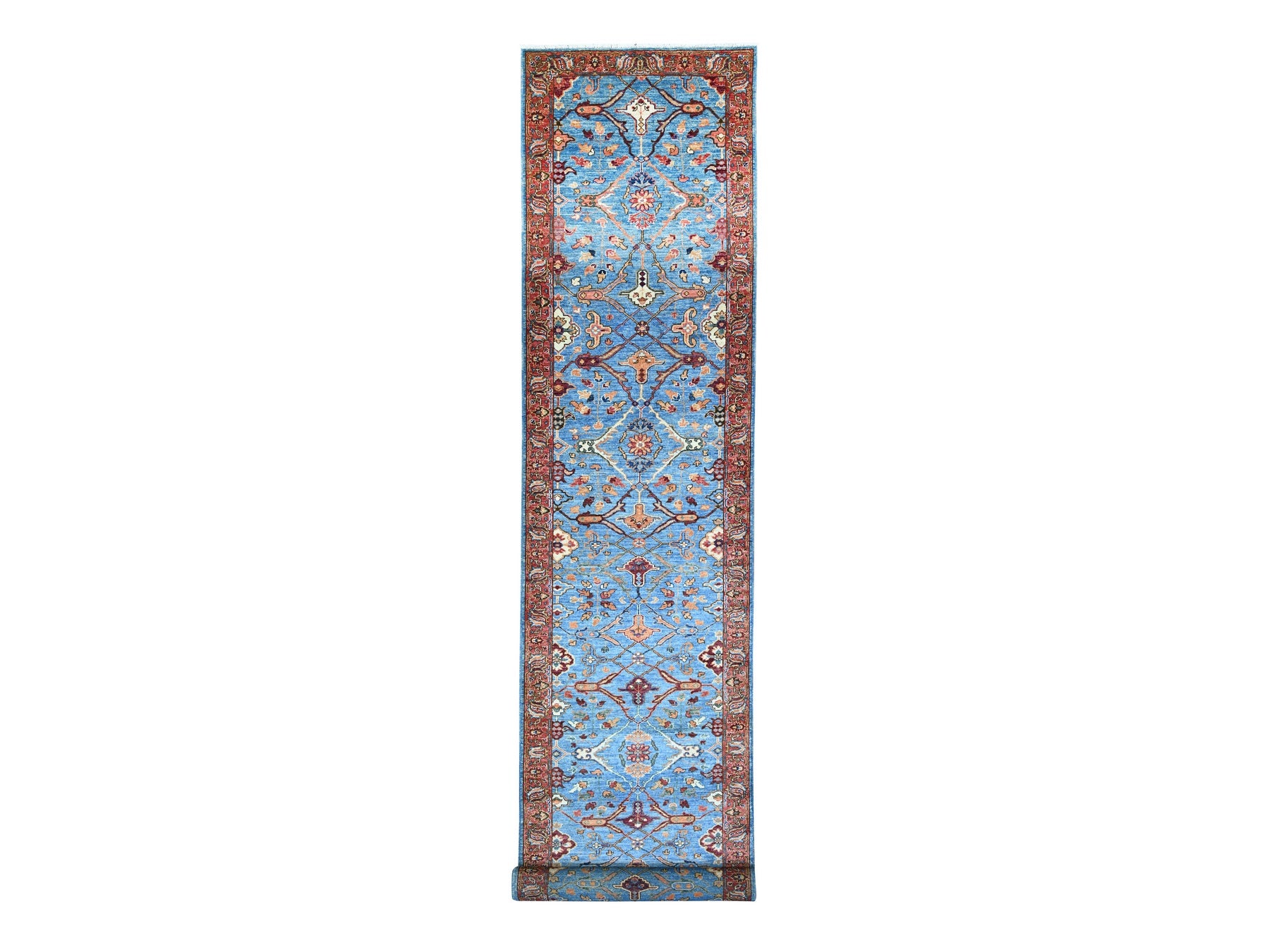 Oushak hand-knotted wool runner in Blue & Brown, 3'7" x 21'8" — SKU O088253