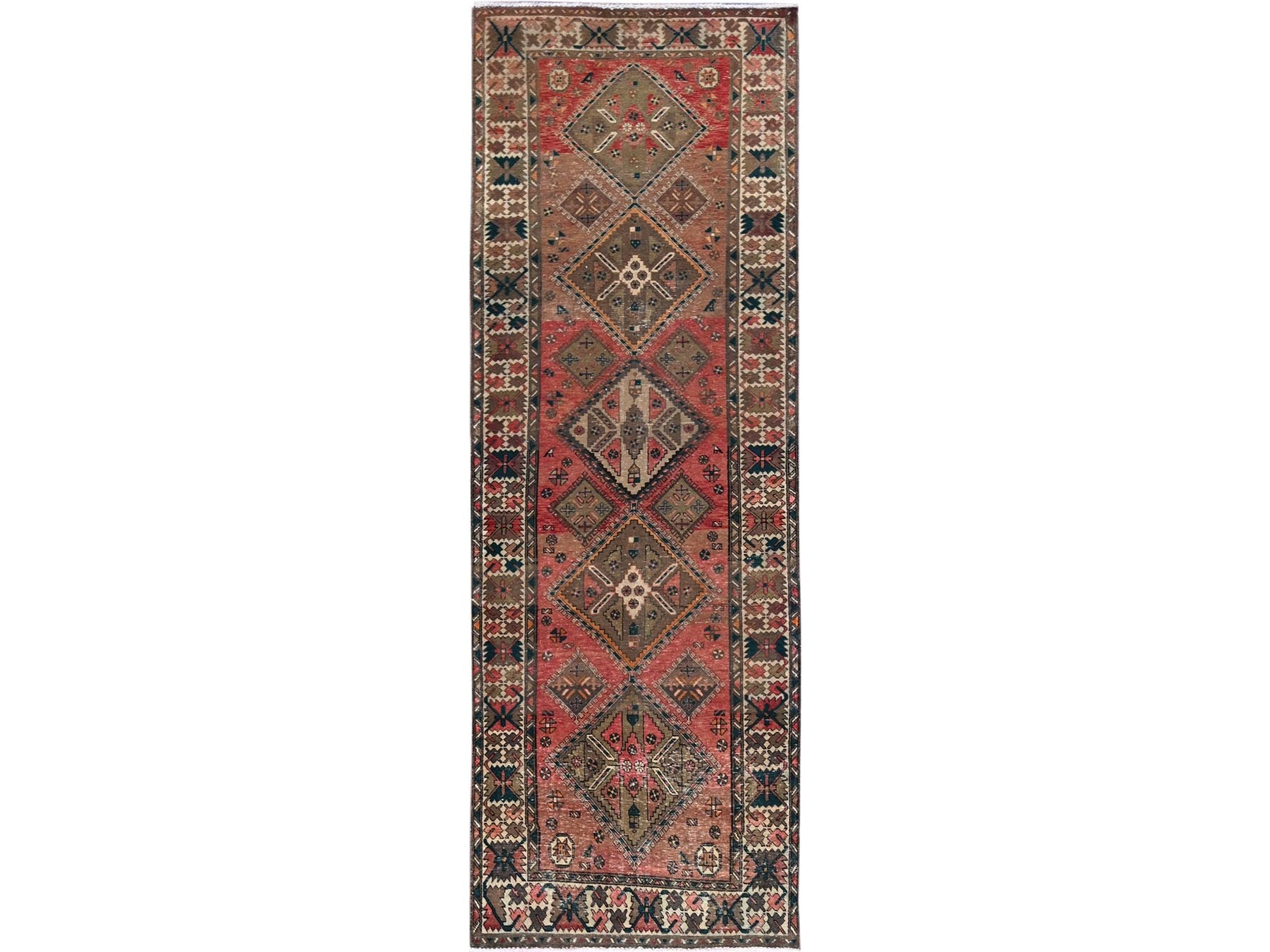 Vintage hand-knotted wool runner in Red & Ivory, 3'5" x 10'3" — SKU O0882