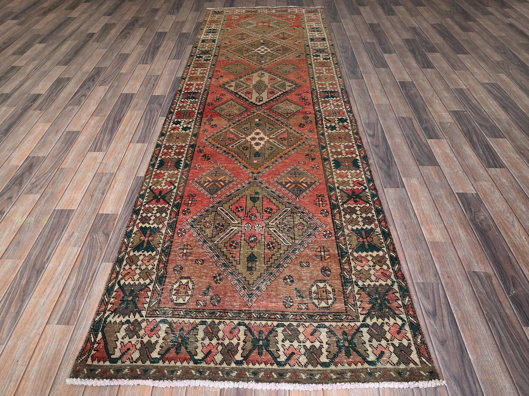 Vintage hand-knotted wool runner in Red & Ivory, 3'5" x 10'3" — SKU O0882 (view 2)