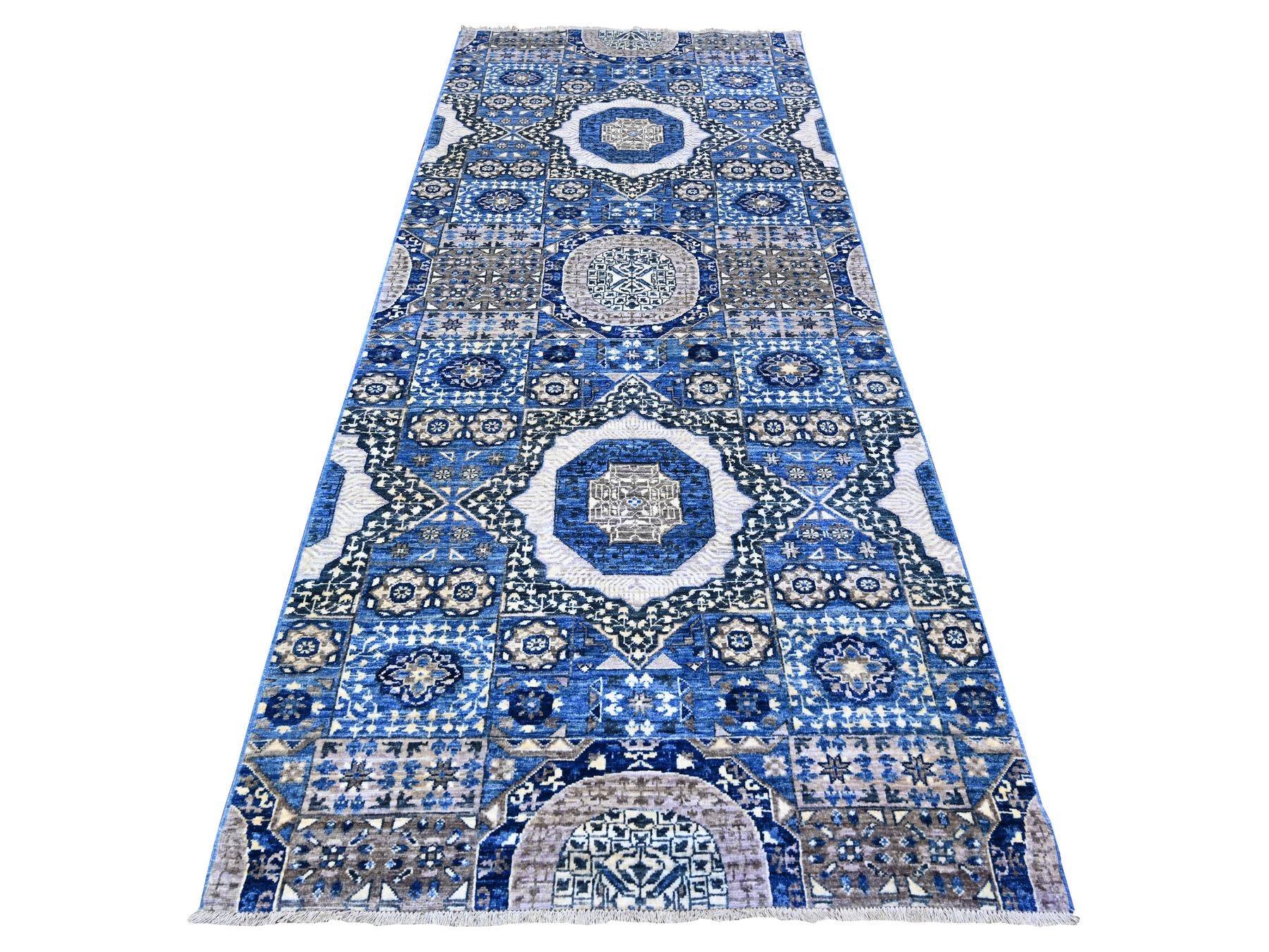 Blue 4'0" x 9'10" Traditional Hand knotted Wool Rug - Sku: O088329