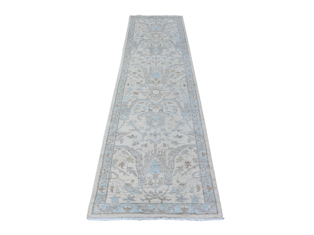 Peshawar Oushak hand-knotted wool runner in Ivory & Blue, 2'8" x 9'6" — SKU O088360