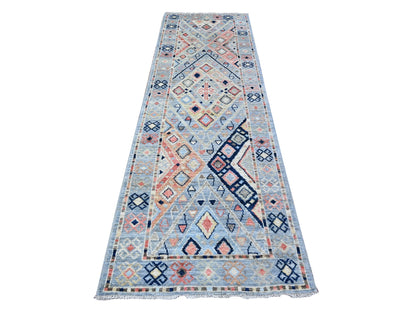 Blue 3'2" x 10'2" Tribal & Geometric Hand knotted Wool Rug - Sku: O088365