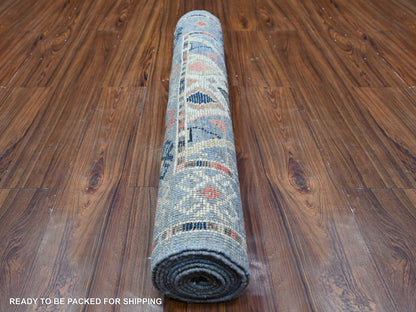 Blue 3'2" x 10'2" Tribal & Geometric Hand knotted Wool Rug - Sku: O088365