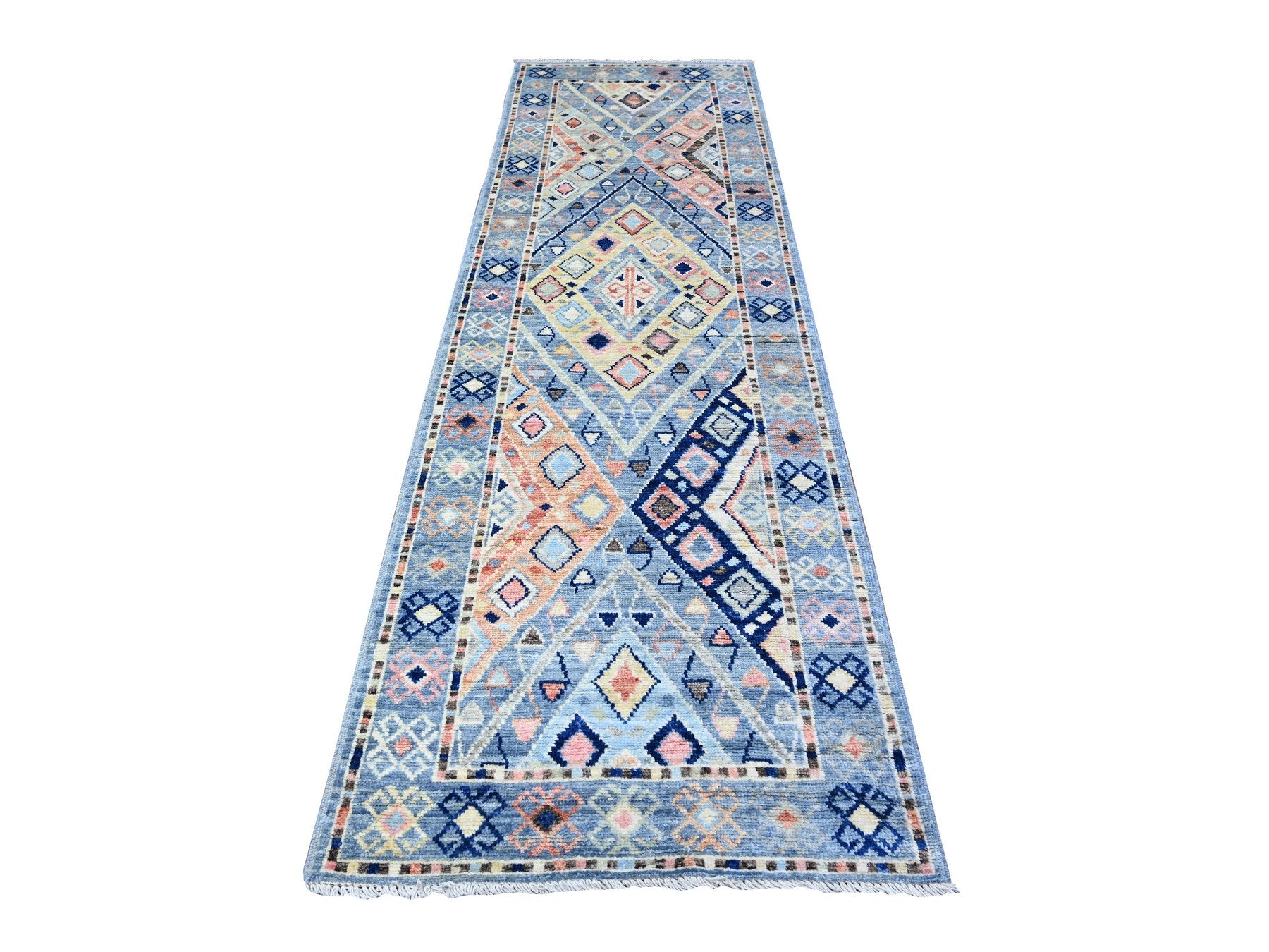 Blue 3'2" x 10'1" Tribal Hand knotted Wool Rug - Sku: O088374