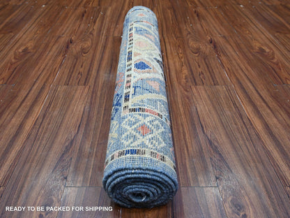 Blue 3'2" x 10'1" Tribal & Geometric Hand knotted Wool Rug - Sku: O088374