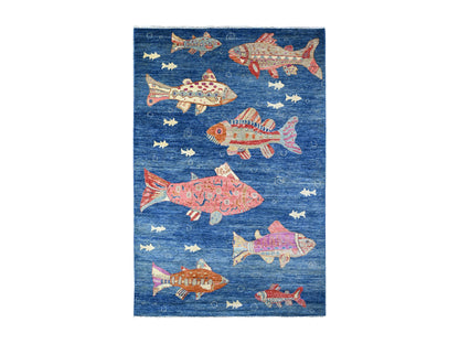 Blue 5'10" x 8'10" Modern and Contemporary Hand knotted Wool Rug - Sku: O088390