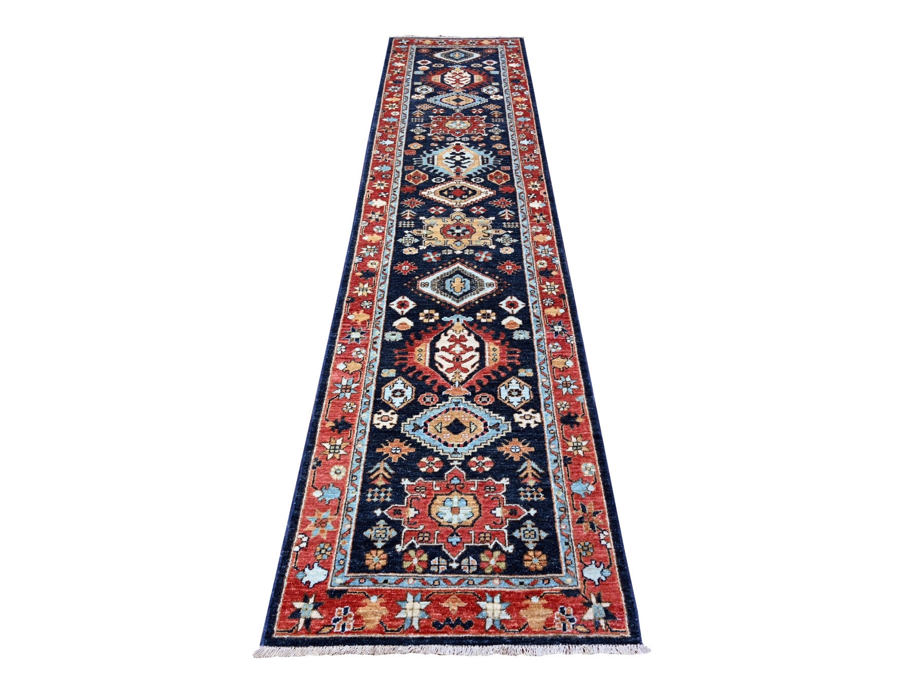 Oushak hand-knotted wool runner in Blue & Barn Red, 2'7" x 11'8" — SKU O088403