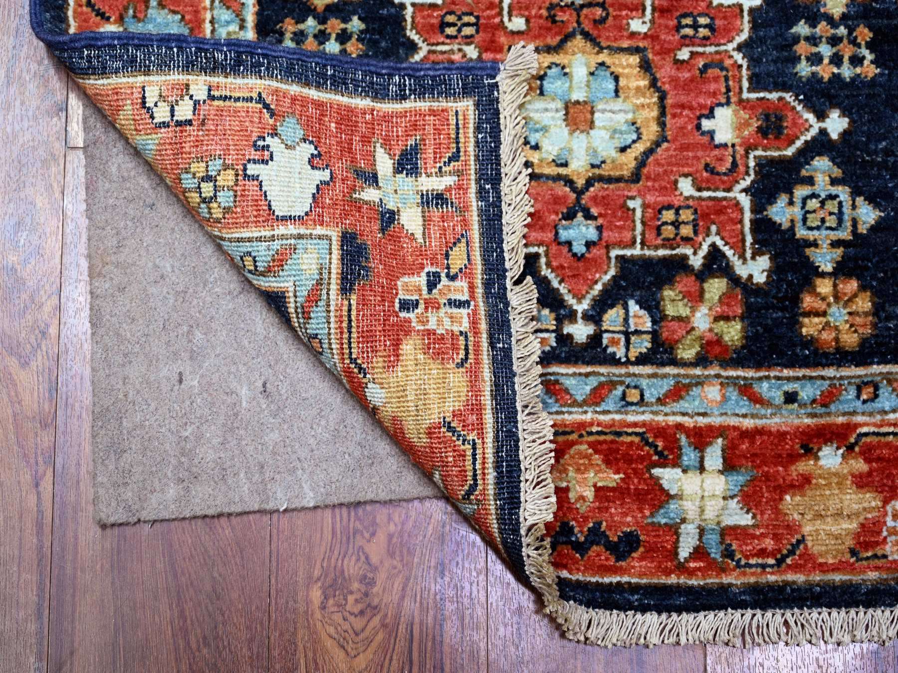 Oushak hand-knotted wool runner in Blue & Barn Red, 2'7" x 11'8" — SKU O088403 (view 2)
