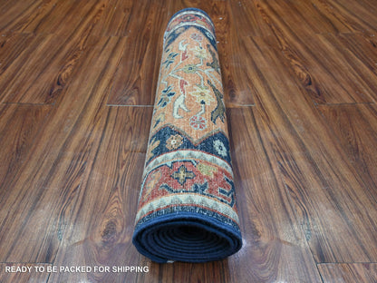 Blue 2'7" x 9'8" Oushak And Peshawar Hand knotted Wool Rug - Sku: O088408