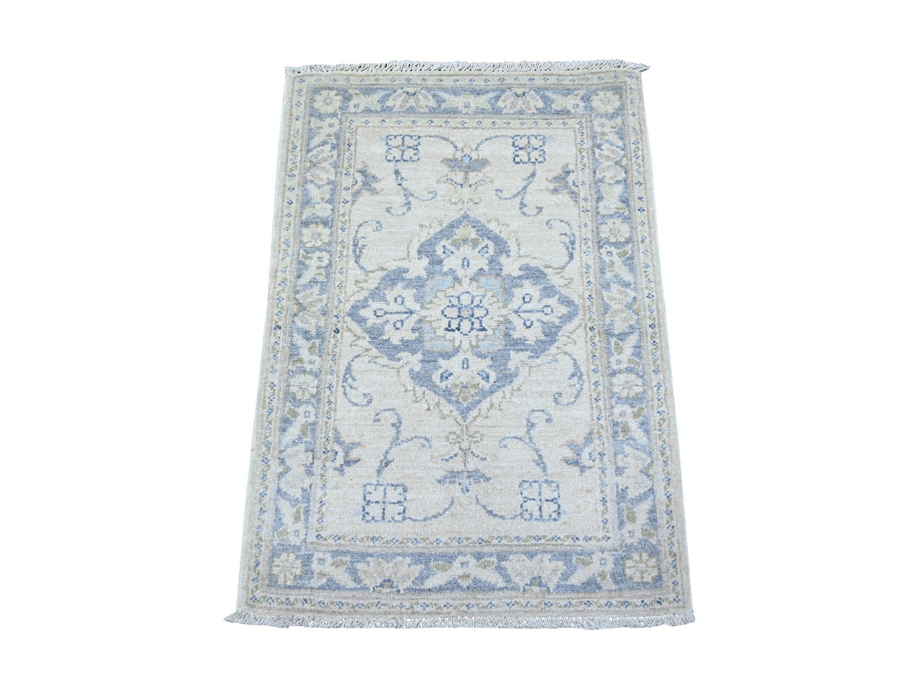 Samarkand Oushak hand-knotted wool rug in Ivory & Blue, 1'10" x 3' — SKU O088424