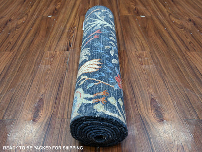 Blue 2'7" x 10'0" Oushak And Peshawar Hand knotted Wool Rug - Sku: O088504