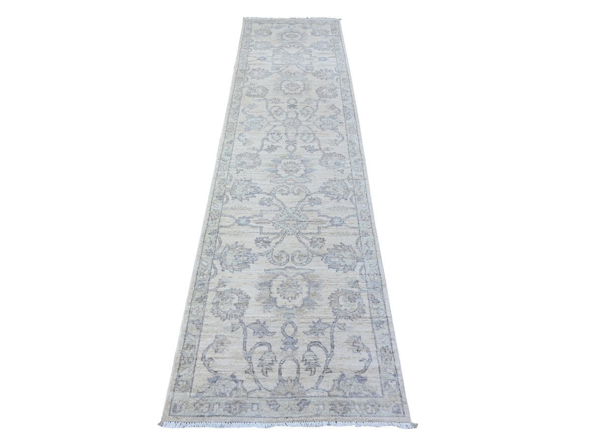 Peshawar Oushak hand-knotted wool runner in Ivory & Blue, 2'6" x 9'10" — SKU O088550