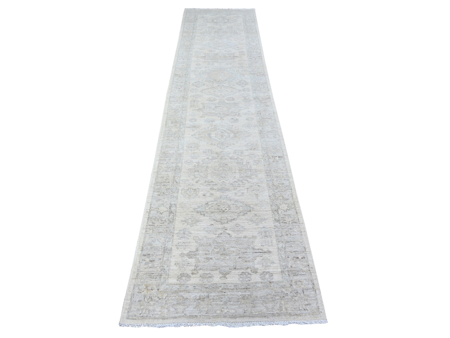 Peshawar Oushak hand-knotted wool runner in Ivory & Gray, 2'8" x 11'3" — SKU O088552