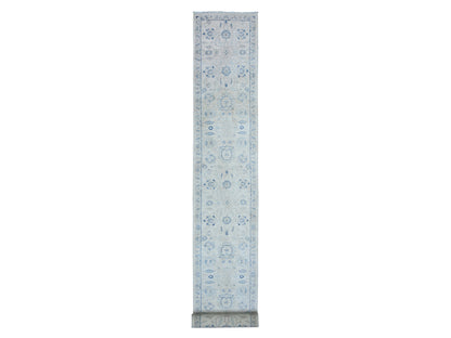 Peshawar Oushak hand-knotted wool runner in Ivory & Gray, 2'6" x 19'5" — SKU O088592
