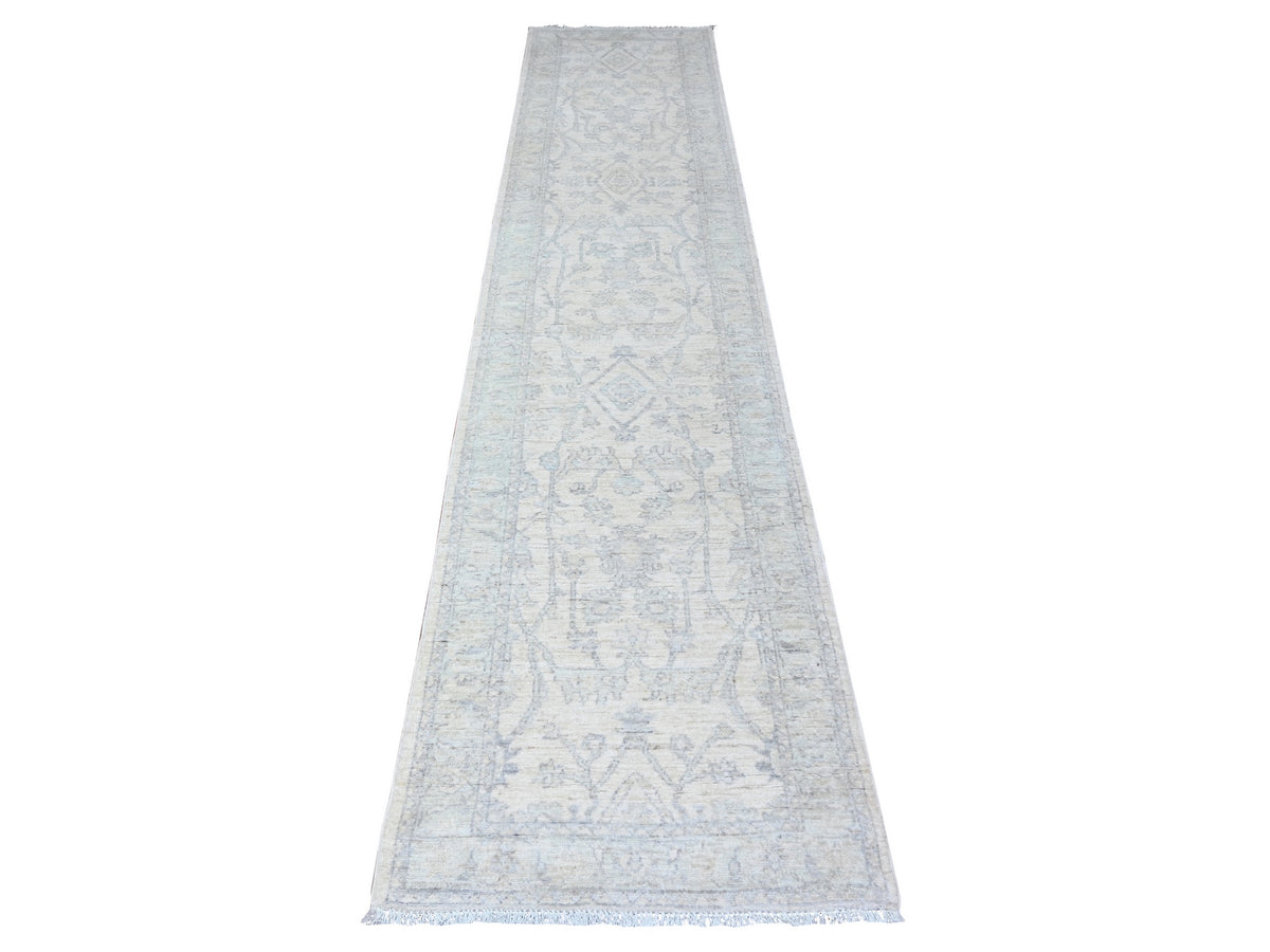 Peshawar Oushak hand-knotted wool runner in Ivory & White, 2'5" x 11'8" — SKU O088634