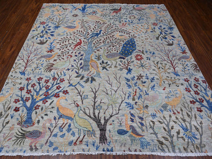 Grey 8'0" x 8'2" Oushak And Peshawar Hand knotted Wool Rug - Sku: O088769
