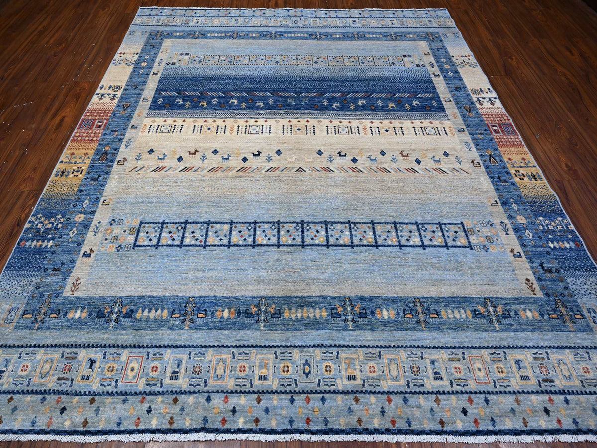 Gabbeh Tribal hand-knotted wool rug in Blue, 8'3" x 9'6", SKU O088789
