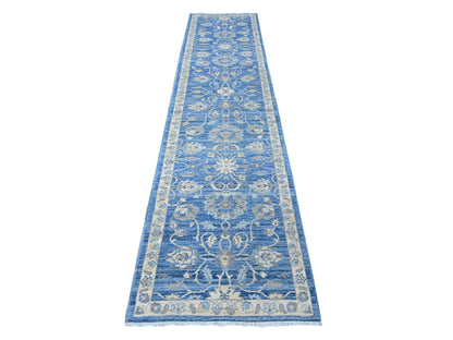 Blue 2'7" x 11'8" Oushak And Peshawar Hand knotted Wool Rug - Sku: O088884