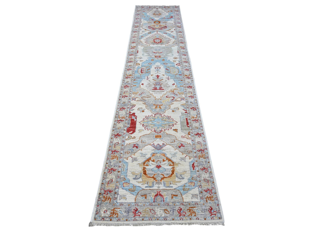 Tribal hand-knotted wool runner in Ivory, 2'6" x 12'4", SKU O088889