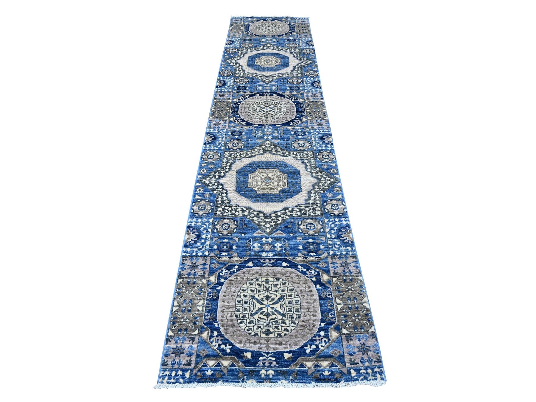 Mamluk Traditional hand-knotted wool runner in Blue, 2'7" x 11'9", SKU O088892