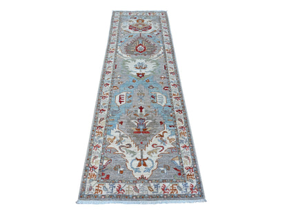 Grey 2'5" x 7'8" Tribal & Geometric Hand knotted Wool Rug - Sku: O088901