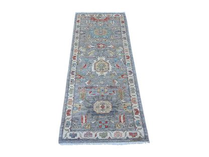 Grey 2'6" x 6'0" Tribal & Geometric Hand knotted Wool Rug - Sku: O088905