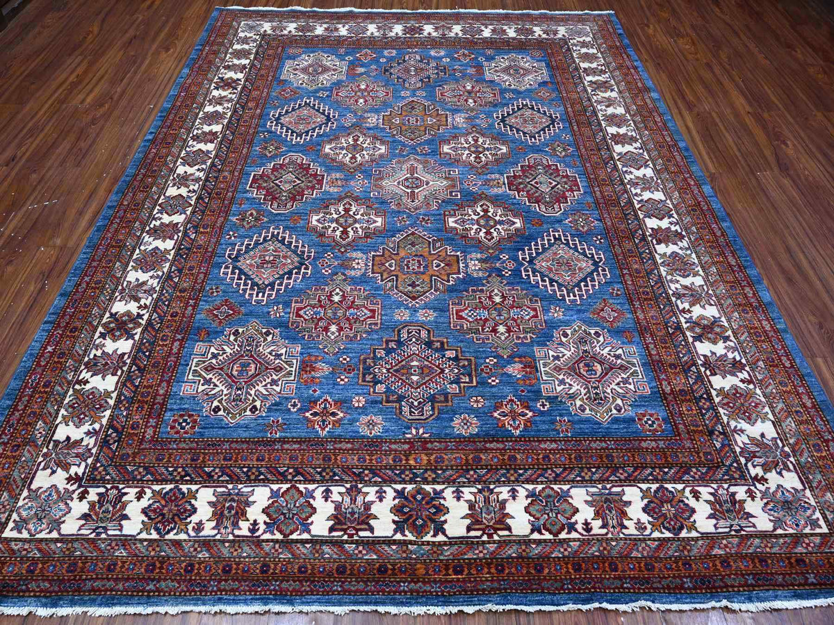 Kazak Tribal hand-knotted wool rug in Blue, 8'0" x 9'11", SKU O088914