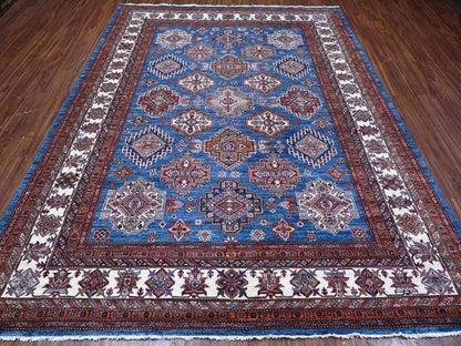 Kazak Tribal hand-knotted wool rug in Blue, 8'0" x 9'11", SKU O088914