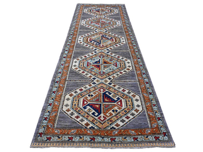 Grey 4'1" x 11'9" Tribal & Geometric Hand knotted Wool Rug - Sku: O088927